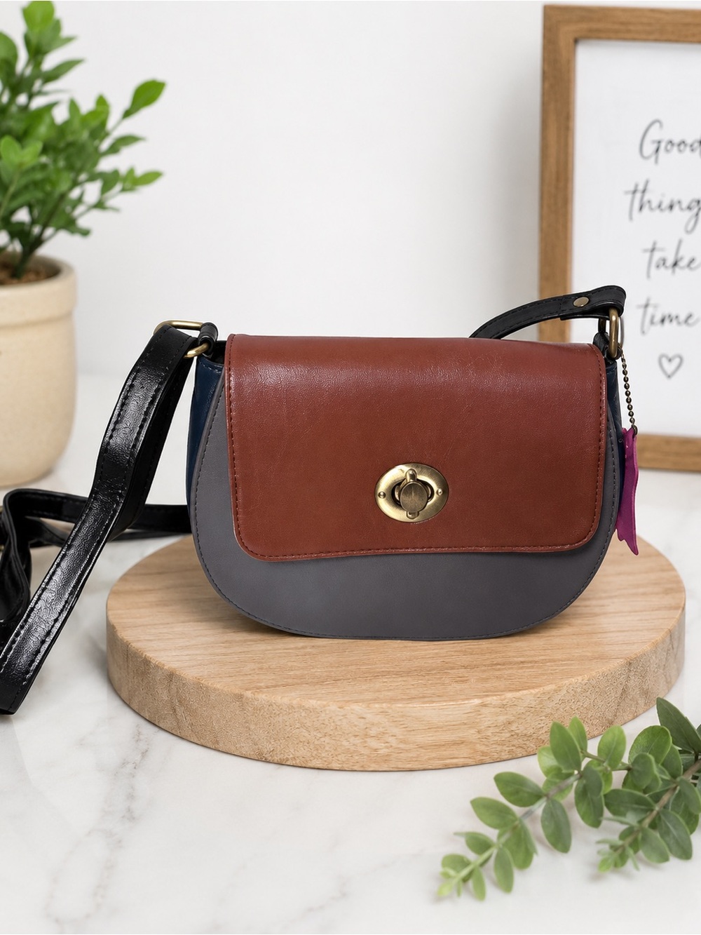 Soruka Two-Tone Leather Crossbody Bag Brown Gray Black Turn Lock Artisan Purse